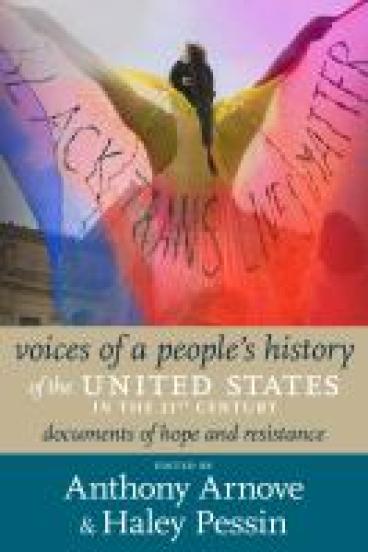 book cover for Voices of a people's history of the United States in the 21st century, featuring the title + author on tan and turquoise color blocks on the bottom third of the cover.  The top two thirds show a photo taken from behind of a figure with arms up-stretched to display a gauzy, multicolored cape with the words Black Trans Lives Matter. The figure has a braided ponytail high on her head and a white racer-back top visible through the cape.  An official/governmental building shows in the background
