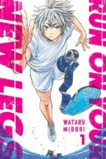 book cover for Run on Your New Legs, featuring a manga style illustration of a white haired teen sprinting towards the viewer, metal athletic prosthetic replacing the leading leg, which almost seems to leap out at the viewer.  The title is written in hot pink capitals, the first three words running vertically down the right hand side of the image, the last two words running down the left side, with the title over all creating a frame for the figure running in the center
