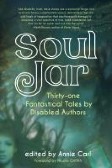 book cover for Soul Jar, featuring a blurry blue-green image of a feminine face underwater, hair streaming out behind her, with greenish ocean vegetation billowing in the background, and a reptilian dragon-like face peering out from the upper right corner.  The open neck of a glass bottle pokes up from the bottom left, small bubbles trailing up from it.