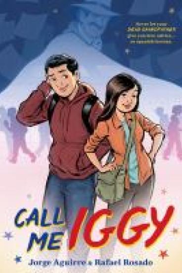 book cover for Call Me Iggy, featuring a comic style illustration of two asian teens standing together and looking out.  One pushes their hand through their short hair and wears a backpack, the other has long hair and their hands on their hips, and wears an across shoulder bag. Vague figures walk in the background, and a mustached man in a fedora lurks from the back, loose pages floating around him