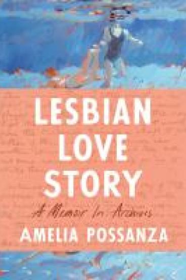 book cover for Lesbian Love Story, featuring a painted illustration in blues with a wide peach colored band through the middle.  The band contains the title and author, as well as lines of handwriting.  The painting is very impressionist and depicts two figures in swimsuits playing in ocean waves