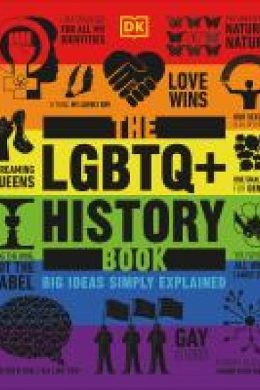 Book cover for The LGBTQ+ History Book, featuring a striped rainbow background with the title and an assortment of stylized black icons and symbols depicting various aspects of LGBTQ+ history, for example: a venus symbol with the upper part of the cross forming a fist raised in power framed by the circle, and the profile of a woman with an afro behind it.