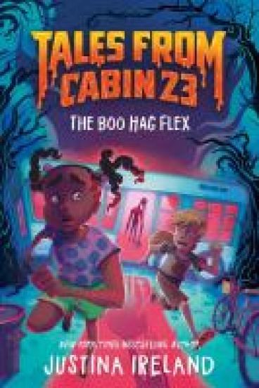 book cover for The Boo Hag Flex, featuring an illustration in vibrant pink and teal of two kids running out of a trailer home and into the trees.  An eerie, long-limbed figure stares out at them from the trailer's door, backlit  in pink.  The children glance back towards it in fear as they run.