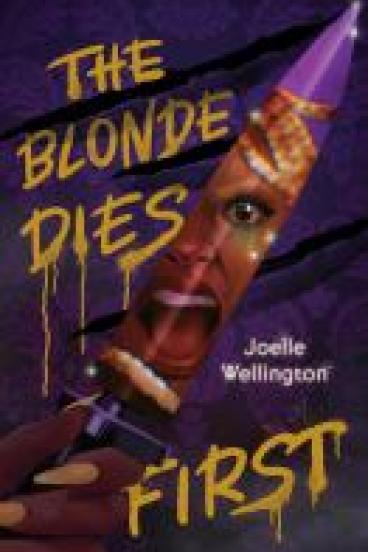 Book cover for The Blonde Dies First, featuring an illustration of a manicured hand holding a dagger whose blade reflects the screaming face of the person wielding it: a young black women with blond braids swinging in disarray, as if she's in motion, a shining tear dripping from one wide eye. The background is elegant purple wallpaper with three parallel tears through it and the title spray painted in yellow graffiti.