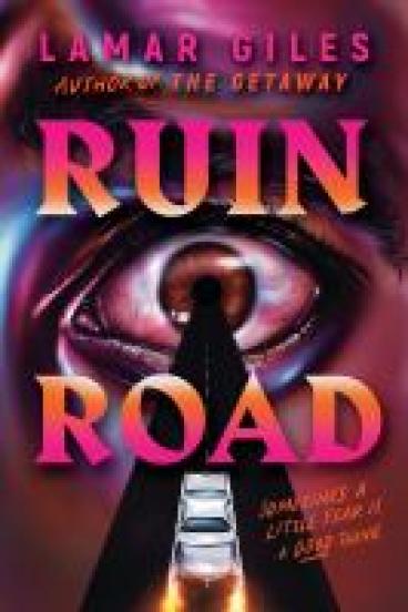 Book cover for Ruin Road, featuring a intense close up, air-brush style illustration of a bloodshot eye wide with fear, with a highway extending straight into its pupil, a 1950s style car with flames shooting from its dual tailpipes speeding towards the pupil.  The highlights of the image are done in electric pinks and blues, casting an eerie glow over the brown face that surrounds the eye.