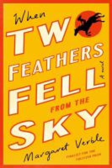 book cover for When Two Feathers Fell from the Sky, featuring a yellow background with the title taking up most of the page.  The O in the word 'two' is a round red sun with the silhouette of a horse and rider leaping backlit in front of it