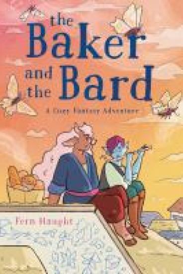 book cover for the Baker and the Bard, featuring a comics style illustration of two fantastical humanoids, one with hoofs, goat ears, and horns, and the other with elf ears and pale blue skin perched together on a roof.  The one with elf ears plays a flute, a basket of bread sits nearby, and tiny pixies fly around them in the sky as the sun sets.