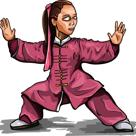 Cartoon woman wearing a pink uniform practices a tai chi stance.