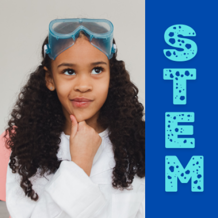 Girl in a lab coat with goggles on her head looking contemplative, panel on the side that says STEM