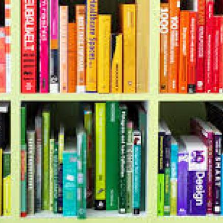 Shelf with rainbow book organization