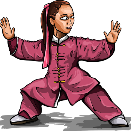 A cartoon woman dressed in pink stands in a tai chi pose.