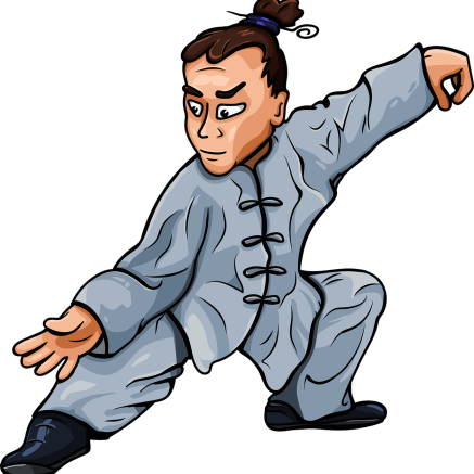 A cartoon man with tied back hair strikes a tai chi pose while wearing a gray, traditional tai chi outfit.