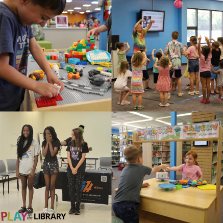 A little boy plays with legos, Mr. Scott dances with young guests, three teens experience the power of air, and two kids share some play cake at the bakery activity station