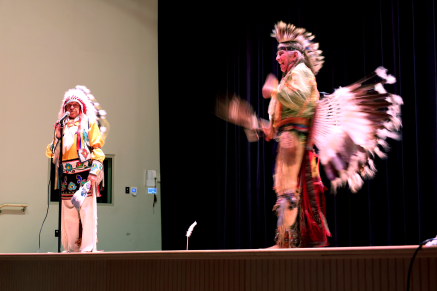 Thunderbird American Indian Dancers on the Burlington County Library auditorium stage. 