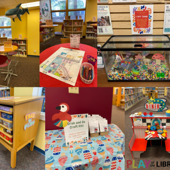 Play at Maple Shade Library: Teen Zone with the Ikea shark, Teen tabletop mural, I spy tank, grab n go craft, and the diner activity station.