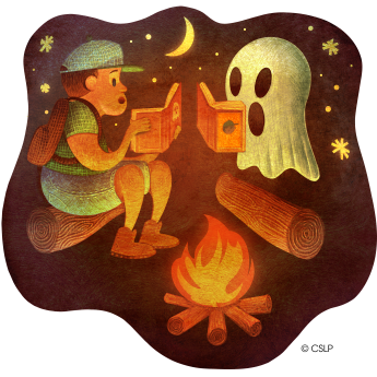 A kid and a ghost read around a campfire.