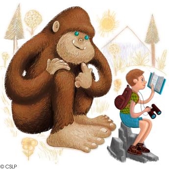 Big Foot watches a kid reading a book.